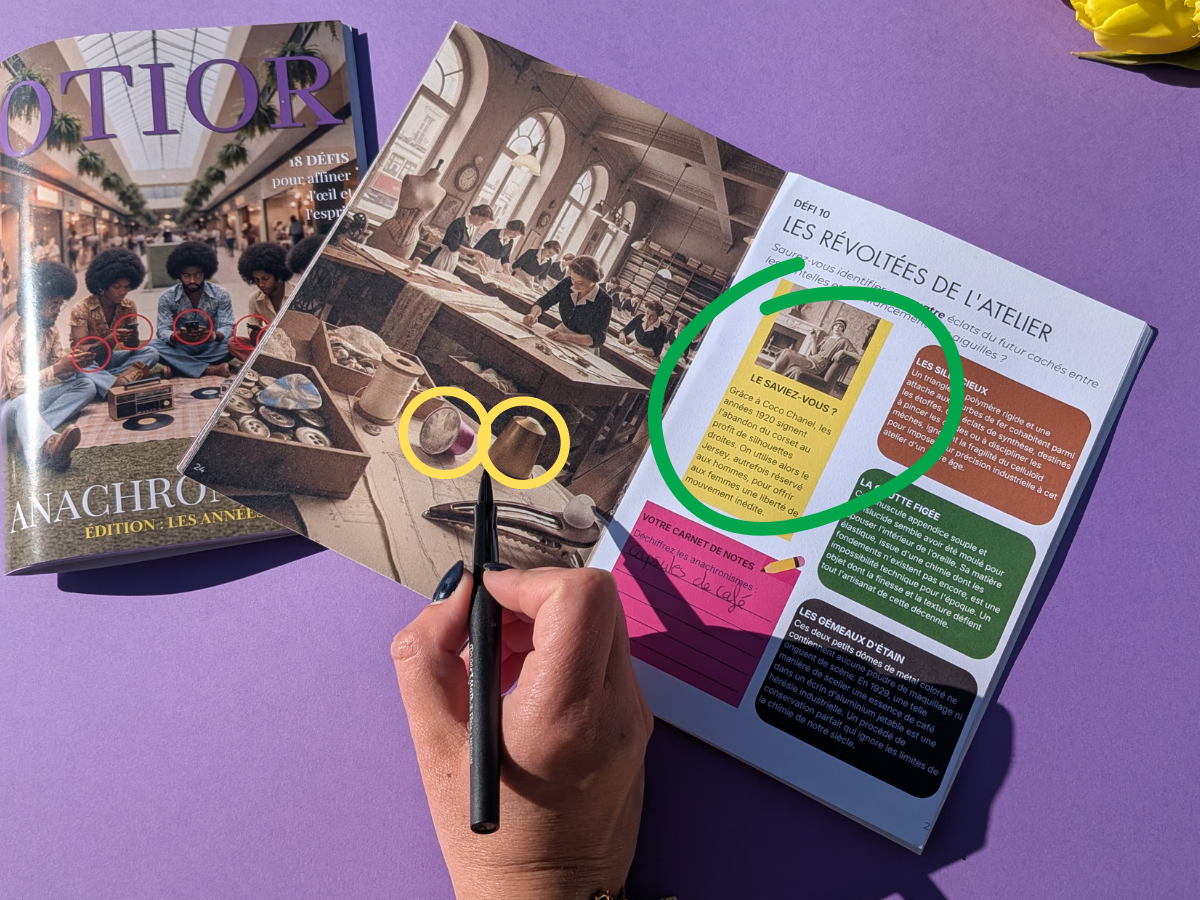 Magazine OTIOR ouvert avec un intrus entouré dans une scène historique des années 20.